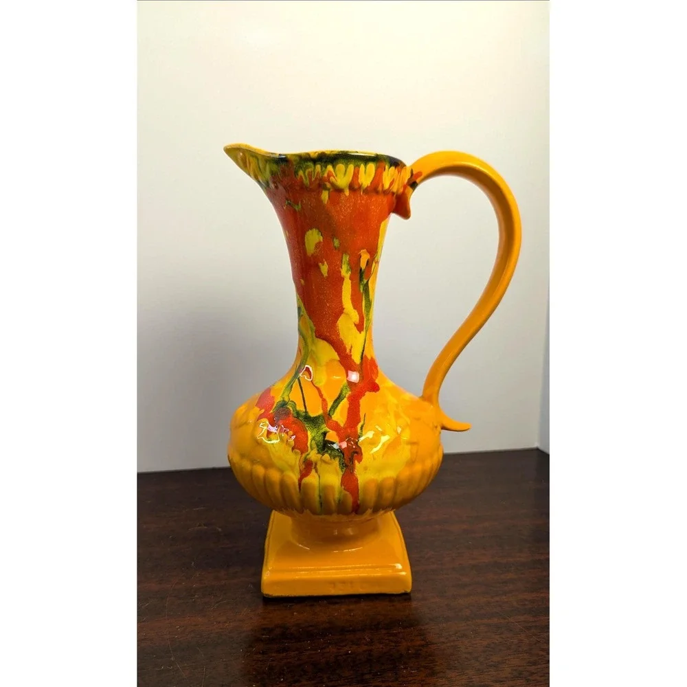 Vintage MCM Psychedelic Drip Glaze Ewer Vase Orange Retro Atomic Pottery 931 USA
